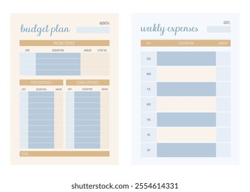 Set of budget planner template. Monthly and weekly. Vector illustration