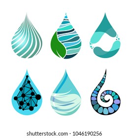 Set of bue bright different water drop icons vector, creative aqua logo, eco sign