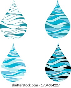 Set of bue bright different water drop icons vector, creative aqua logo, eco sign, abstract wavy water