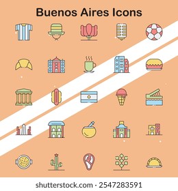 Set of Buenos Aires icons depicting cultural and iconic landmarks suitable for travel and tourism themes.