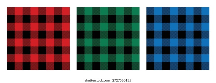 Set of Buffalo Plaid Seamless Patterns; Red, Green, and Blue Lumberjack Checkered Textures for Christmas Backgrounds, Winter Fashion, and Rustic Fabric Design
