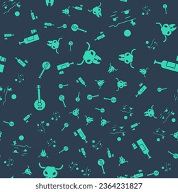 Set Buffalo skull, Desert landscape with cactus, Banjo and Whiskey bottle and glass on seamless pattern. Vector