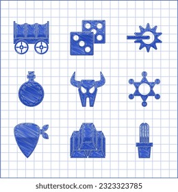 Set Buffalo skull, Gold bars, Cactus peyote in pot, Hexagram sheriff, Cowboy bandana, Canteen water bottle, Spur and Wild west covered wagon icon. Vector