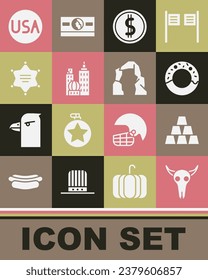 Set Buffalo skull, Gold bars, Donut, Coin money with dollar, City landscape, Hexagram sheriff, USA label and Grand canyon icon. Vector