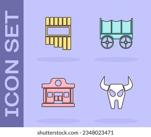 Ponga el cráneo de búfalo, la flauta de Pan, el salon del oeste salvaje y el icono del vagón cubierto. Vector