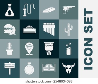 Conjunto de cráneo de búfalo, carcaj con flechas, cactus, barras de oro, puerta de salón, Bang boom, pistola, cómic, bolsa de dinero e icono de flauta Pan. Vector