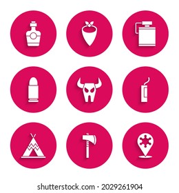 Set Buffalo skull, Tomahawk axe, Hexagram sheriff, Dynamite bomb, Indian teepee or wigwam, Bullet, Canteen water bottle and Tequila icon. Vector