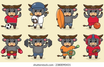 Set of Buffalo wearing uniform and using sports equipment. Funny animals doing exercis. Cute cartoon character vector set isolated on a white background. Cartoon animal sport. Buffalo cartoon. 