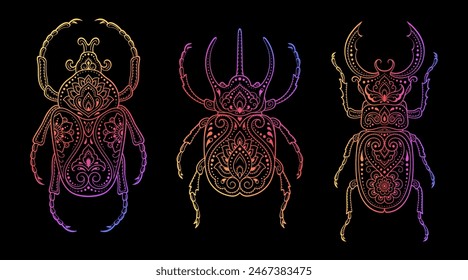 Set of Bug decorated with Indian ethnic floral vintage pattern. Hand drawn decorative insect in doodle style. Stylized mehndi ornament for print, design for room, cove. Rainbow design on black.