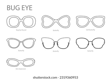Set of Bug eye frame glasses fashion accessory illustration. Sunglass front view for Men, women, unisex silhouette style, flat rim spectacles eyeglasses, lens sketch style outline isolated on white