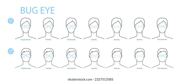 Set of Bug eye frame glasses fashion accessory illustration. Sunglass front view for Men, women, unisex silhouette style, flat rim spectacles eyeglasses, lens sketch style outline isolated on white