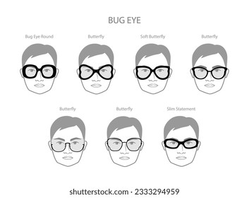 Set of Bug eye frame glasses on men face character fashion accessory illustration. Sunglass front view silhouette style, flat rim spectacles eyeglasses, lens sketch style outline isolated on white