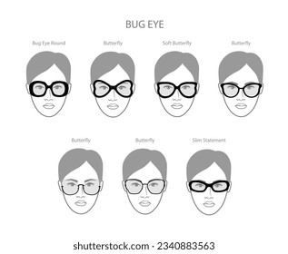 Set of Bug eye frame glasses on women face character fashion accessory illustration. Sunglass front view unisex silhouette style, flat rim spectacles eyeglasses, lens sketch style outline isolated