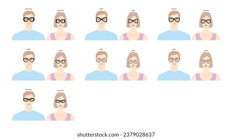 Set of Bug eye frame glasses on women and men flat character fashion accessory illustration. Sunglass front view unisex silhouette style, rim spectacles eyeglasses, lens sketch style outline on white