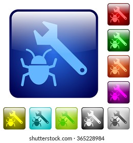 Set of bug fixing color glass rounded square buttons