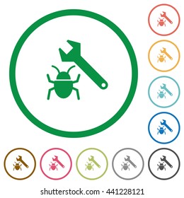 Set of Bug fixing color round outlined flat icons on white background