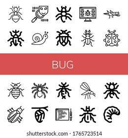 Set of bug icons. Such as Ant, Weevil, Spyware, Snail, Bug, Virus, Beetle, Grasshopper, Ladybug, Bed bug, Tarantula, Cocoon, Earwig, Code injection, Mosquito, Pheidole , icons