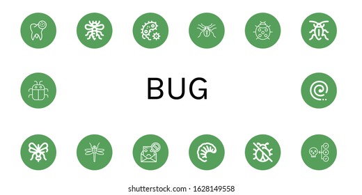 Set of bug icons. Such as Bacteria, Bee, Spider, Ladybug, Cockroach, Mosquito, Dragonfly, Spam, Larva, No insects, Virus, Bug, Mosquito coil , bug icons