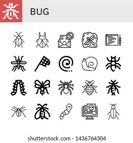 Set of bug icons such as Beetle, Cockroach, Spam, Insect, Code injection, Mosquito, Butterfly net, Mosquito coil, Snail, Ant, Caterpillar, Tarantula, Bed bug, Earwig, Spider , bug
