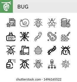 Set of bug icons such as Cocoon, Virus, Snail, Louse, Fly, Cyber attack, Mosquito repellent, Mantis, Worm, Bacteria, Brickwall, Cockroach, Pesticide, Woodlouse, Scolopendra , bug