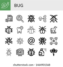 Set of bug icons such as Snail, Virus, Bug, Cockroach, Ladybug, Bacteria, Fly, Trojan horse, Ant, Mosquito coil, Bee, Insecticide, Dragonfly , bug