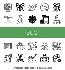 Set of bug icons such as Virus, Malware, Mosquito, Beetle, Snail, Spider web, Pesticide, Sap beetle, Bug, Code injection, Spam, Bacteria, Brickwall, Mosquito repellent, Cyber attack , bug