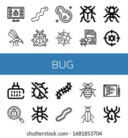 Set of bug icons. Such as Virus, Mosquito, Worm, Ladybug, Bacteria, Bug, Pheidole, Anti bug, Mosquito repellent, No insects, Ant, Scolopendra, Centipede, Bed Beetle , icons