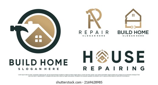 Set of build house logo design inspiration for construction with hammer and creative element Premium Vector