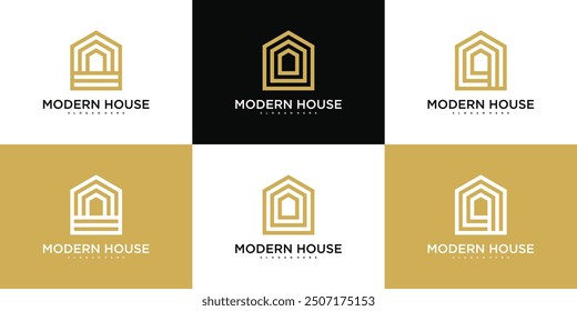 Set of build house logo with line art style abstrack. Premium Vector