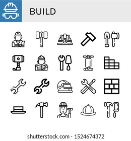 Set of build icons. Such as Helmet, Builder, Hammer, Hard hat, Tools, Abdominal bench, Brick wall, Wrench, Hat , build icons