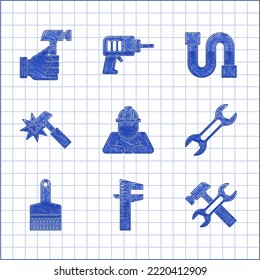 Set Builder, Calliper or caliper and scale, Hammer wrench, Wrench spanner, Paint brush, Industry pipe and  icon. Vector