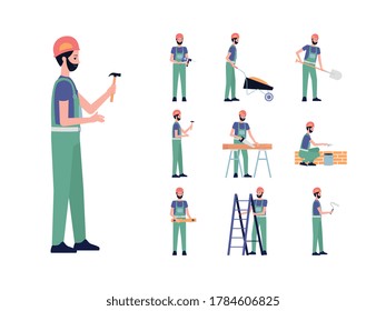 Set of builder or construction worker man cartoon character working at a construction site and busy with building, flat vector illustration isolated on white background.