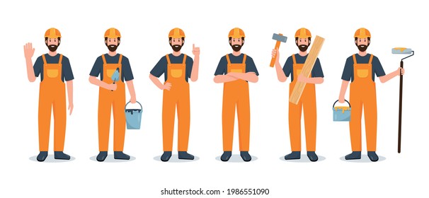 Conjunto de Constructor o Trabajador de Construcción con uniforme aislado en fondo blanco. Carácter de empleado de ingeniería industrial con herramientas de trabajo en diferentes poses y gestos. Ilustración vectorial de dibujos animados planos.