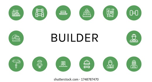 Set of builder icons. Such as Worker, Weightlifting, Hat, Painter, Roller, Helmet, Builder, Foreman , builder icons