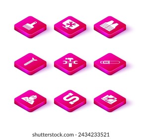 Set Builder, Industry pipe, Metallic screw, Hammer and wrench, Laptop service, Chainsaw, Safety vest and Location with icon. Vector