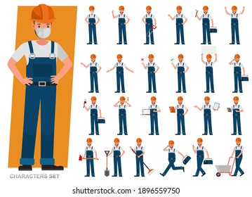 Set Of Builder Man Wear Blue Jeans Working Character Vector Design. Presentation In Various Action With Emotions, Running, Standing And Walking. 