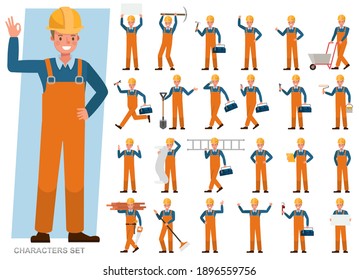 Set of Builder man wear orange jeans working character vector design. Presentation in various action with emotions, running, standing and walking. 