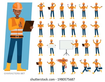 Set of Builder man wear safety vest reflective shirt working character vector design. Presentation in various action with emotions, running, standing and walking. 