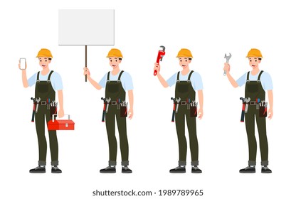 Set of builder, mechanic or repairman with a toolbox and holding a hammer wear blue jeans presentation in various poses with happy emotions. Set of different actions in cartoon style.