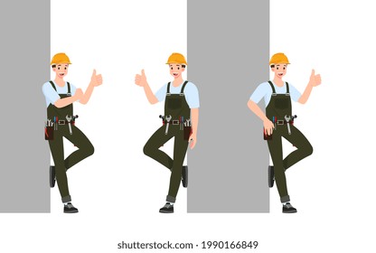 Conjunto de constructores, mecánicos o reparadores con una caja de herramientas y sosteniendo una presentación de martillo usando jeans azules en varias poses con emociones alegres. Conjunto de diferentes acciones al estilo de las caricaturas.