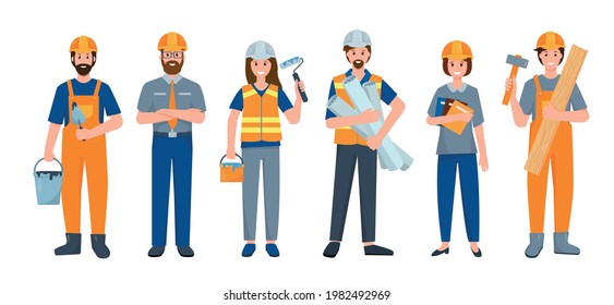 Set of Builder people or Construction Worker isolated on white background. Industry engineer employee characters in different poses in uniform with work tools. Flat cartoon vector illustration.