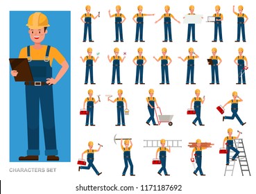Set of Builder people working character vector design. Presentation in various action with emotions, running, standing and walking.