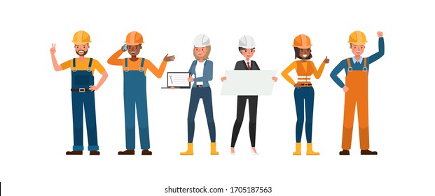 Set of Builder people working character vector design. Presentation in various action with emotions.