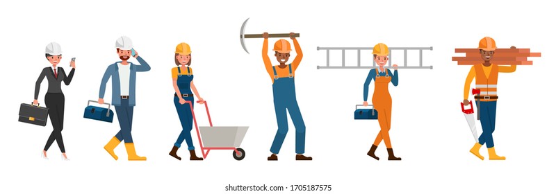 Set of Builder people working character vector design. Presentation in various action with emotions.