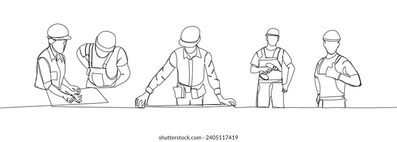 Conjunto de constructores con medida de cinta, ingeniero, capataz, diseñador, overoles protectores, arte de una línea de seguridad. Dibujo continuo de línea de reparación, mano, persona, concepto, soporte, mantenimiento.