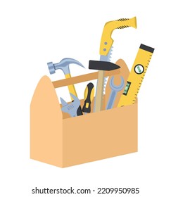 Conjunto de herramientas de construcción. Martillos, llave, regla y nivel. Herramienta para construcción y reconstrucción en caja. Elemento gráfico para sitio web, pegatina para redes sociales. Dibujo vectorial plano de dibujos animados