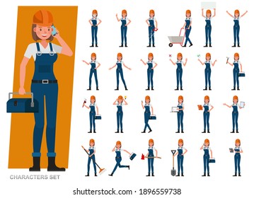 Set Of Builder Woman Wear Blue Jeans Working Character Vector Design. Presentation In Various Action With Emotions, Running, Standing And Walking. 