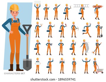 Set of Builder woman wear orange jeans working character vector design. Presentation in various action with emotions, running, standing and walking. 