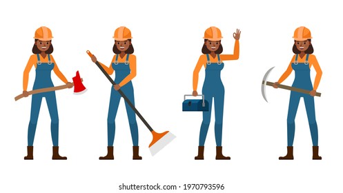 Set of Builder woman working character vector design. Presentation in various action with emotions.