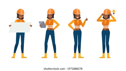 Set of Builder woman working character vector design. Presentation in various action with emotions.